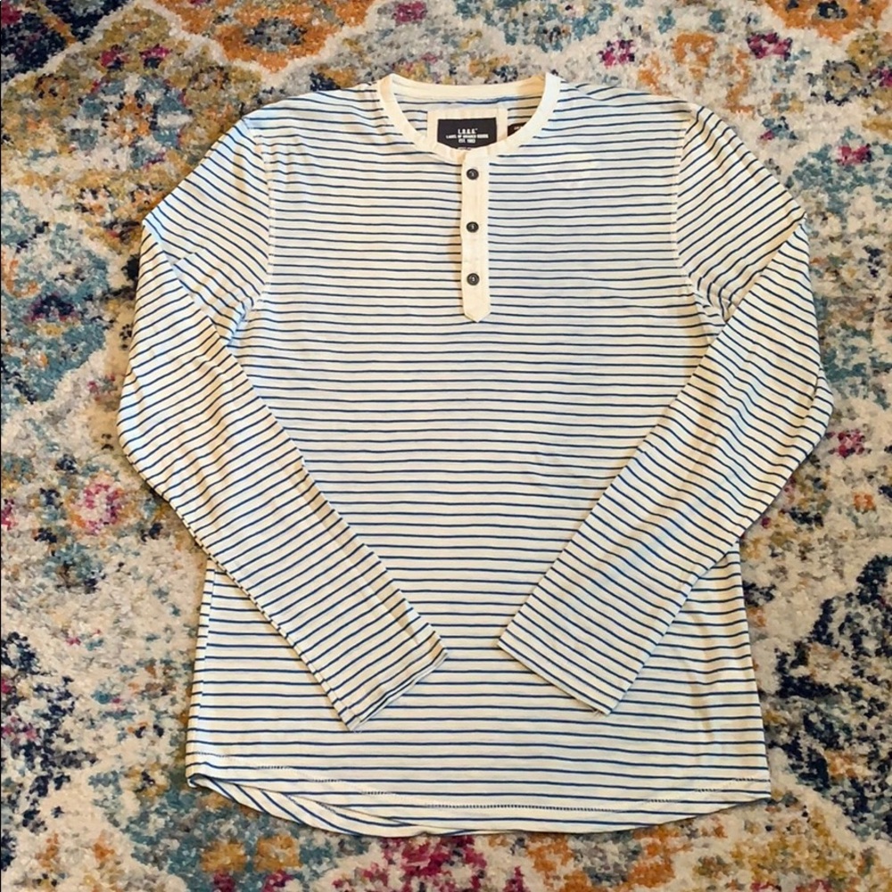 H&M White Long Sleeve Henley with Navy Stripes